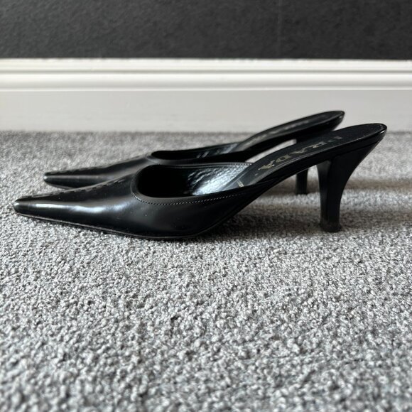 Prada Mules Black Leather Slip On Kitten Heels Slides Shoes Size 37 Made Italy - Picture 8 of 16